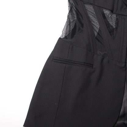 Autumn Boning Corset Waist Mesh Stitching See Through Design Blazer Mid Length Blazers