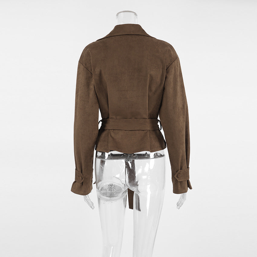 French Suede Collar Casual Double Breasted Coat Fall Winter Brushed Velvet Coat