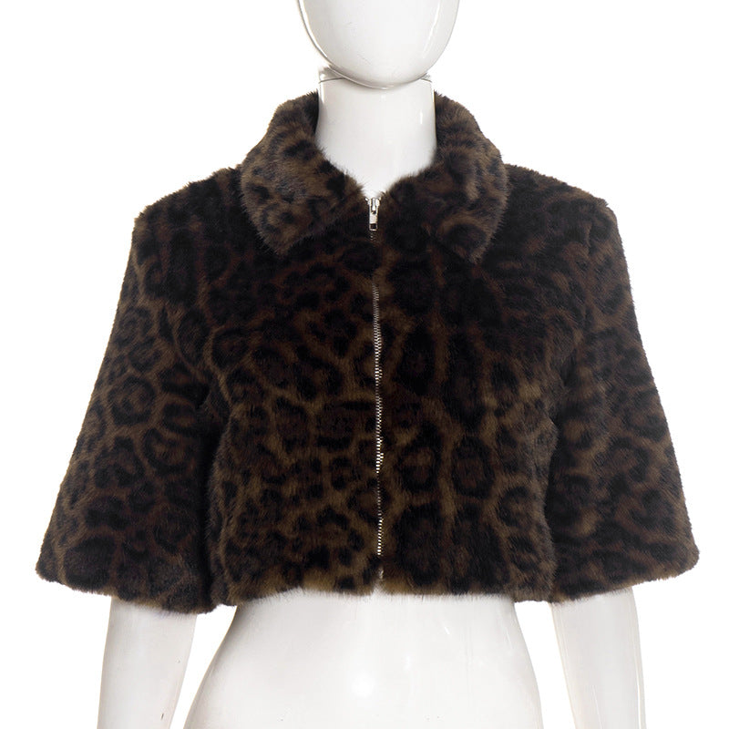 Women Clothing Autumn Winter Graceful Fashionable Collared Leopard Zipper Fur Short Jacket