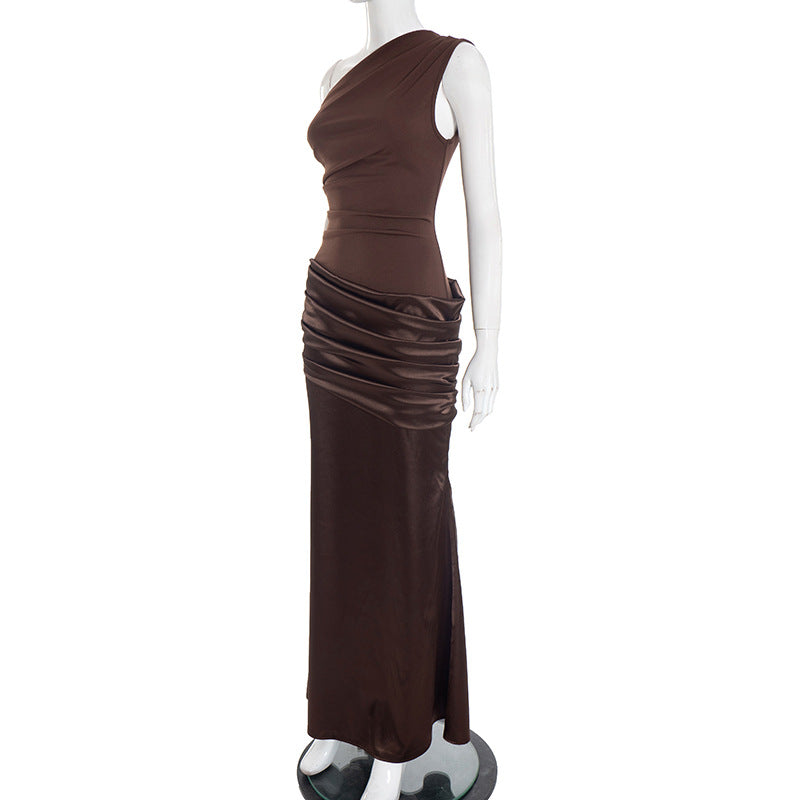 Women Clothing Autumn Winter Expensive Socialite One Shoulder Pleated Stitching Hip Fishtail Dress
