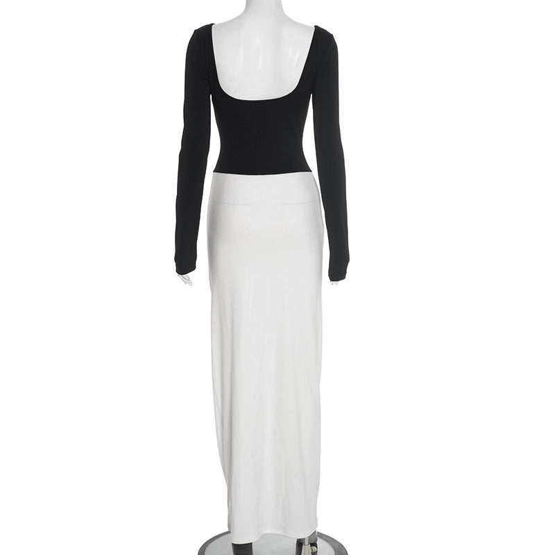 Women Clothing Autumn Winter Elegant Slim Fit Black White Contrast Color Pleated Boat Neck Backless Sheath Dress