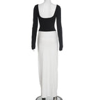 Women Clothing Autumn Winter Elegant Slim Fit Black White Contrast Color Pleated Boat Neck Backless Sheath Dress