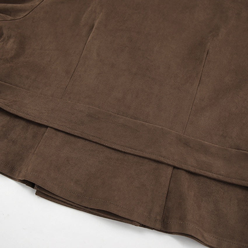 French Suede Collar Casual Double Breasted Coat Fall Winter Brushed Velvet Coat