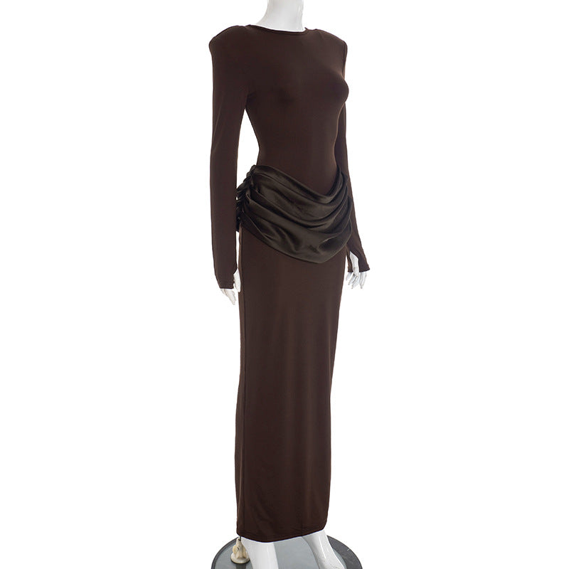 Women Clothing Autumn Winter Elegant Lady Slim Fit Long Sleeve Pleated Sheath Maxi Dress