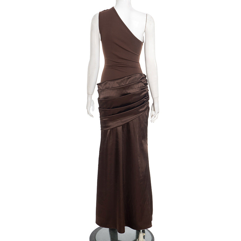 Women Clothing Autumn Winter Expensive Socialite One Shoulder Pleated Stitching Hip Fishtail Dress