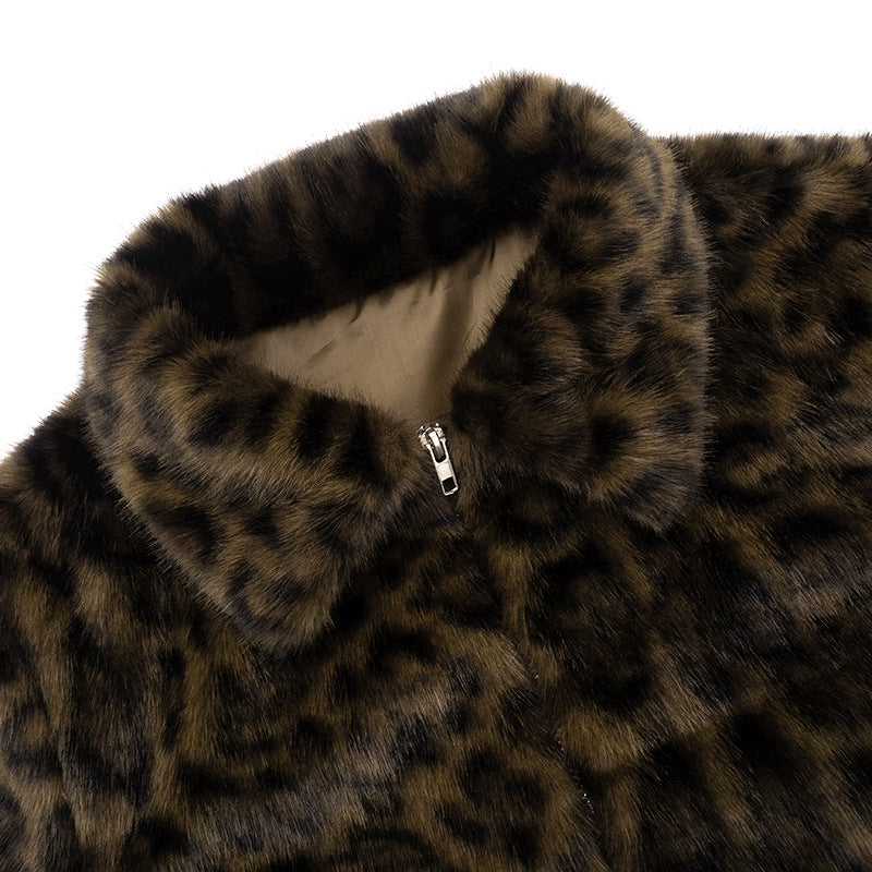 Women Clothing Autumn Winter Graceful Fashionable Collared Leopard Zipper Fur Short Jacket
