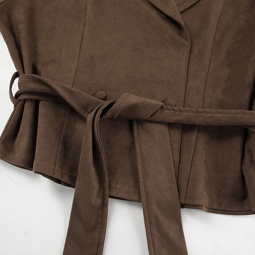 French Suede Collar Casual Double Breasted Coat Fall Winter Brushed Velvet Coat