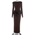 Women Clothing Autumn Winter Elegant Lady Slim Fit Long Sleeve Pleated Sheath Maxi Dress